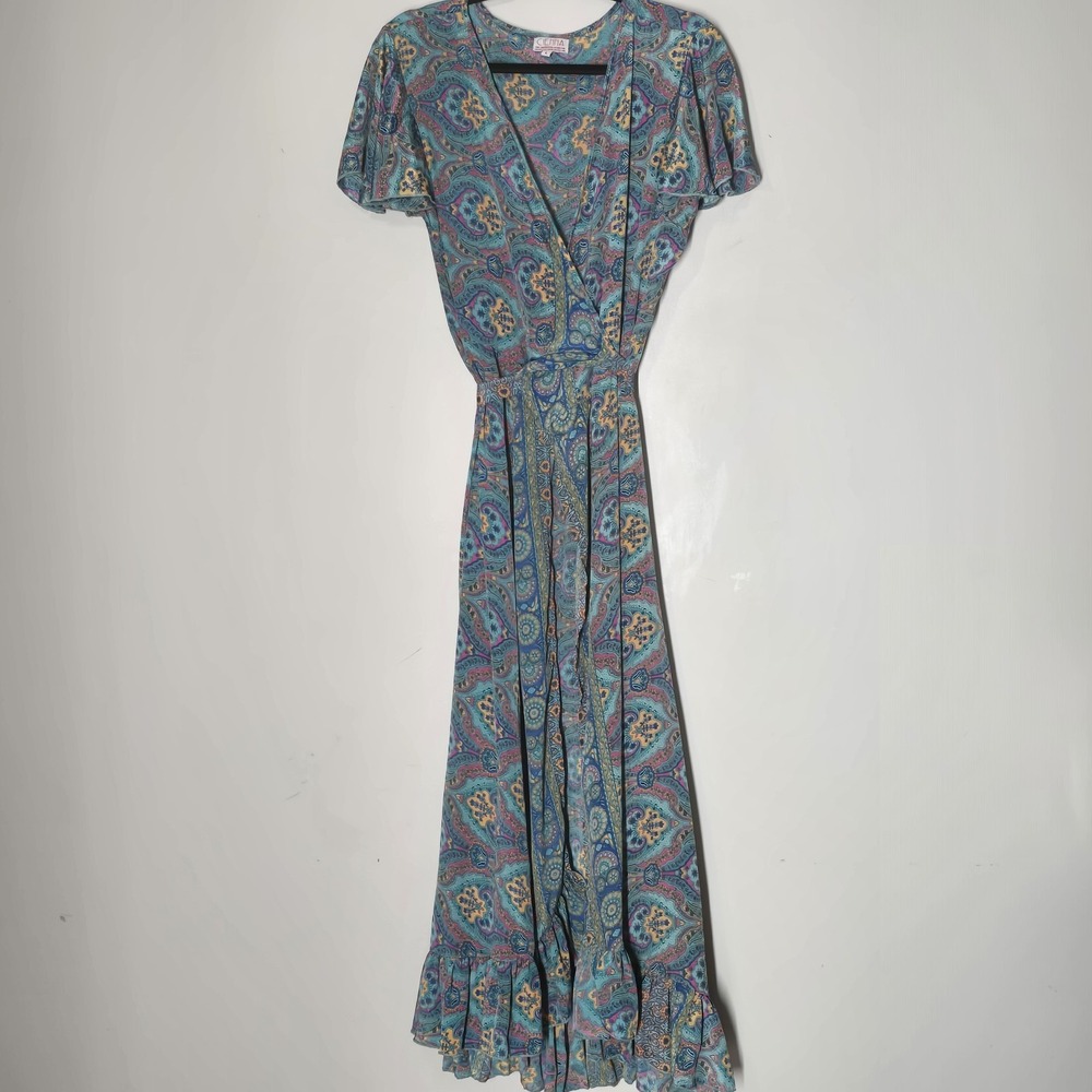 Cienna Paisley Silky Wrap Maxi Dress Teal Boho Festival Ruffle Hem Womens L